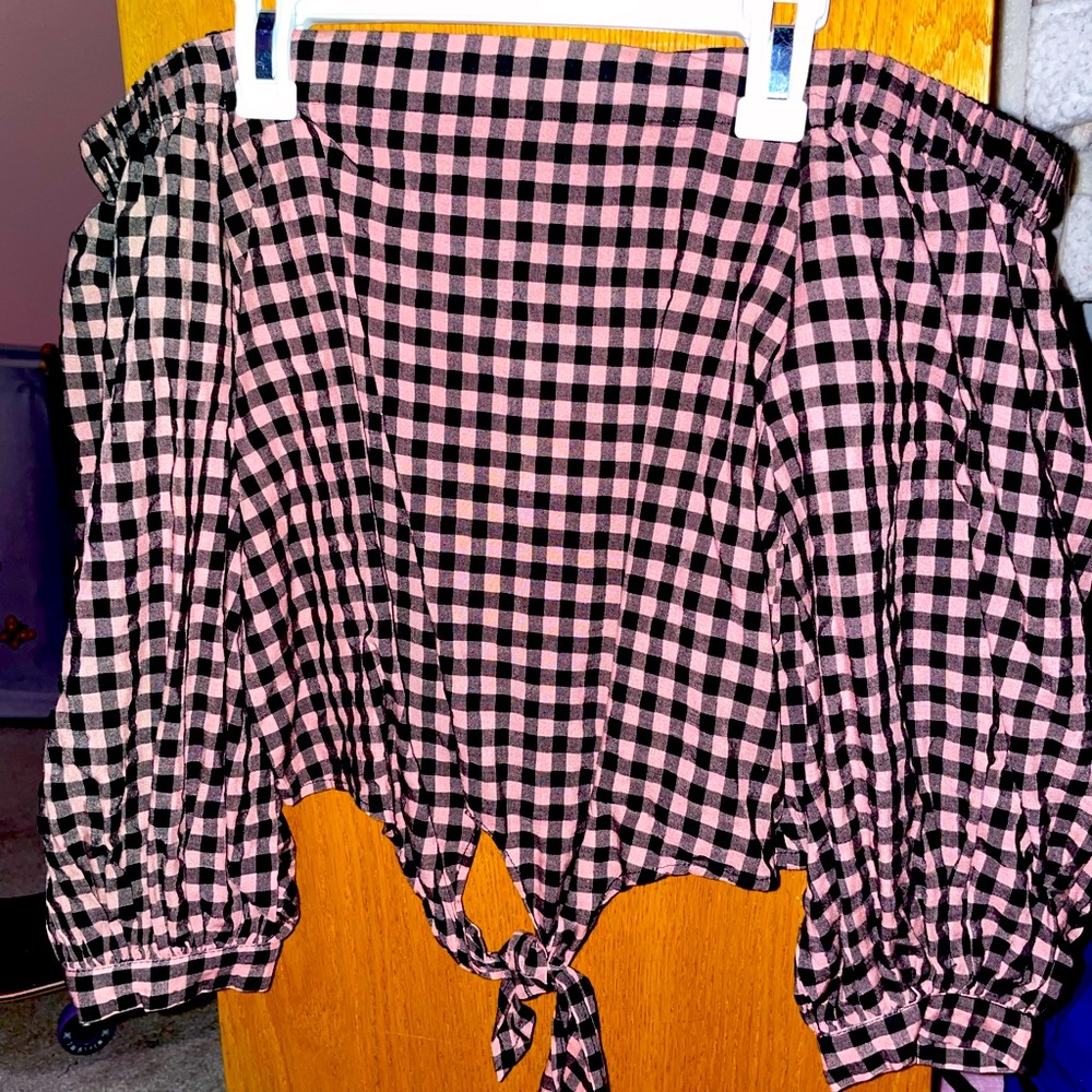 Forever 21 Pink Plaid Off the Shoulder Top